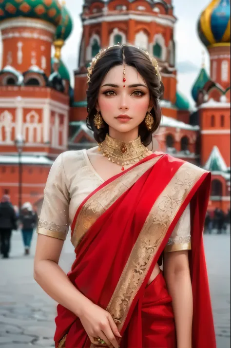 Generate an portrait art of a regal Russian Hindu woman wearing an opulent saree in Moscow's Red Square. Highlight her poised be...