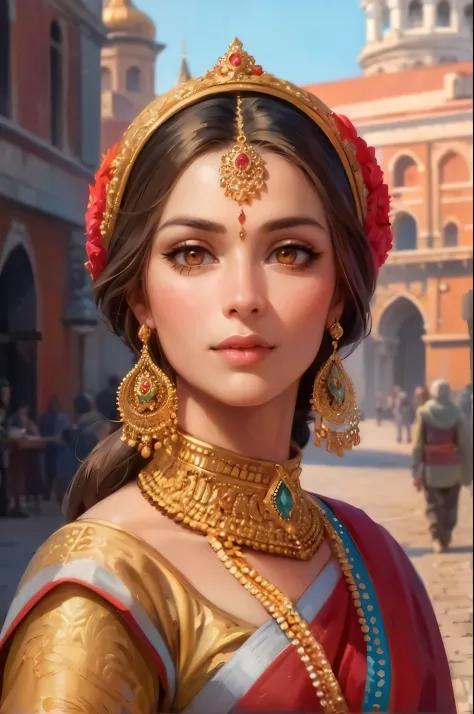 generate an portrait art of a beautiful russian hindu woman in a traditional saree, exploring the ancient golden ring cities. ((...