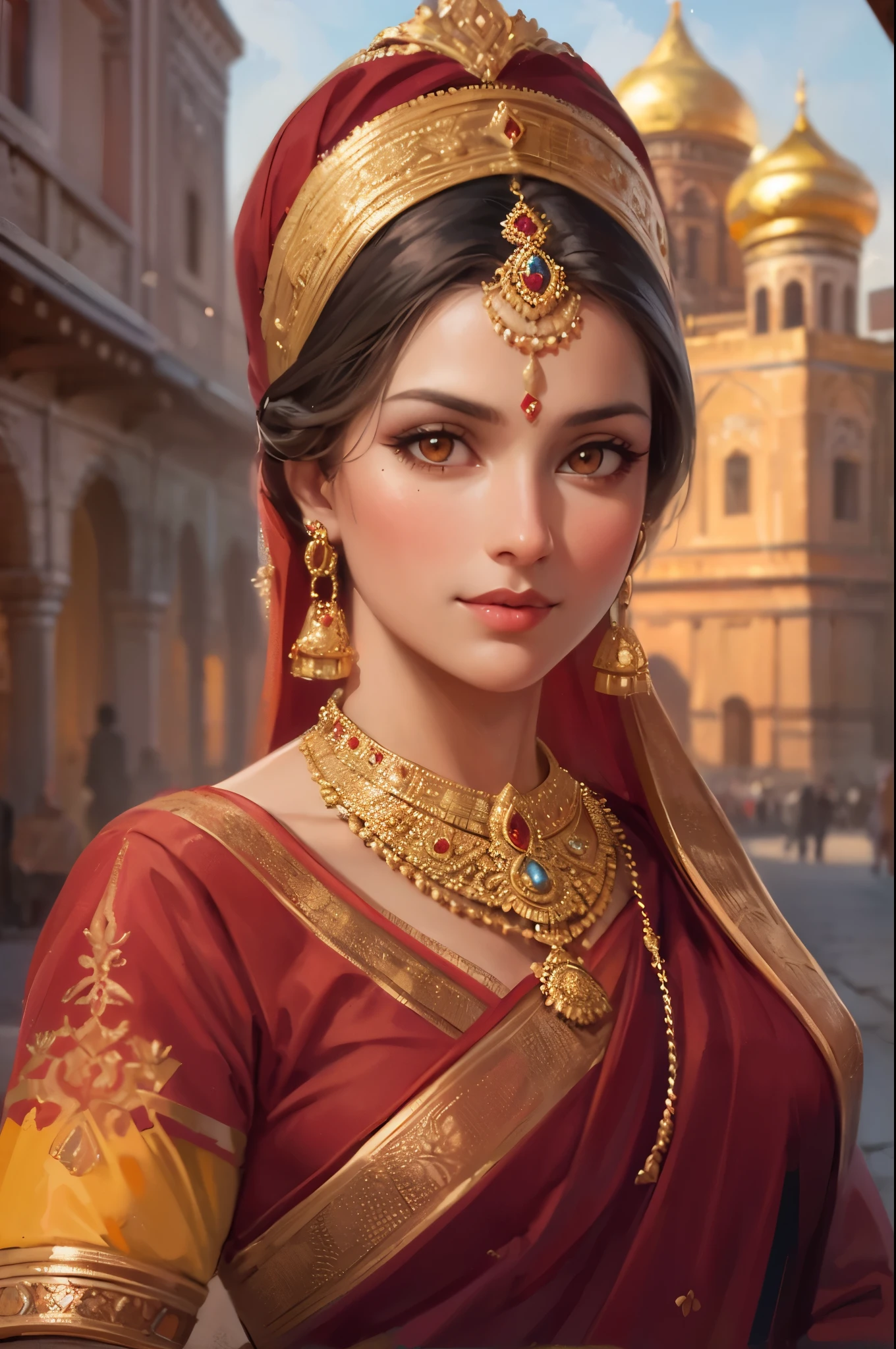 创作一幅身着传统纱丽的美丽的俄罗斯印度妇女的肖像画, 探索古老的金环城市. ((橙色眼睛)), (小微笑). 鹅卵石街道体现历史文化精髓, 中世纪建筑, 以及女人永恒的美丽.