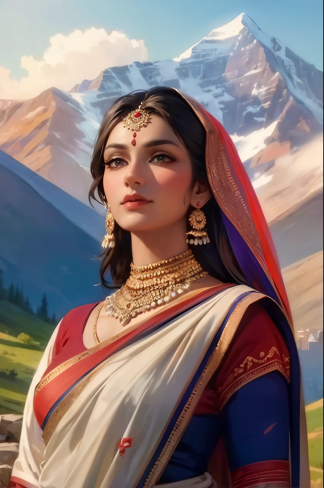 Generate an portrait art of a stunning Hindu woman in a saree against the breathtaking backdrop of the Caucasus Mountains. ((Green eyes)). Use the mountainous landscape to create a sense of majesty and showcase the fusion of cultures.