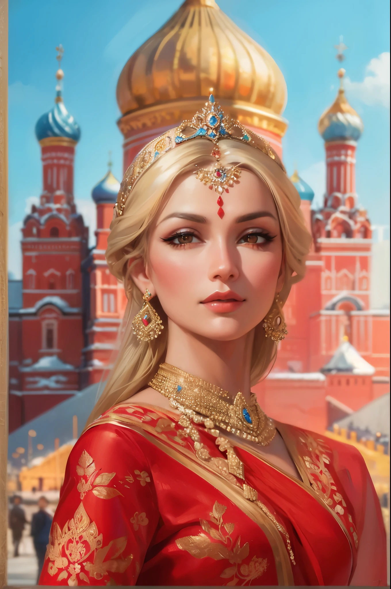 Generate an portrait art of a regal Russian Hindu woman wearing an opulent saree in Moscow's Red Square. Highlight her poised beauty against the iconic landmarks, (blonde hair), creating a stunning juxtaposition.