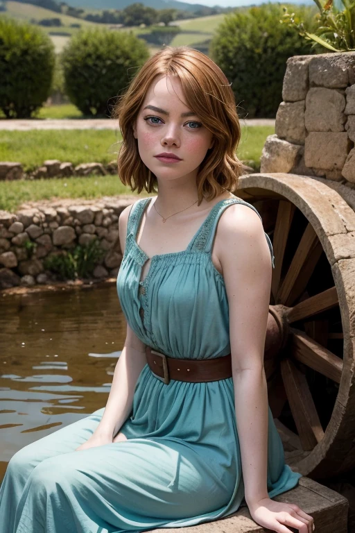 Emma Stone,Medieval period,wheat fields, simple attract, Sitting on a water wheel, movie scene in love and discovering your innocence ,and purity , (nsfw:1.2)