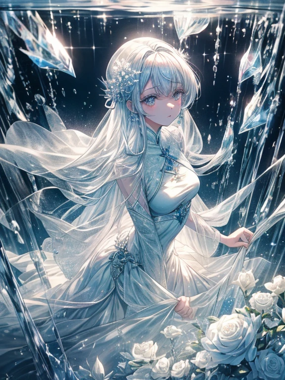 scenecy, Paradise in Heaven, White lighting,(masutepiece), (Best Quality), (cinematic), 8K, (art  stations), Li Yue painting style.(A woman with long white hair and Silvery eyes), (流れるようなwhite sheer dress)、(Beautiful delicate face)、[ Particle Lou Full Moon] [Frozen trees々] [landscape crystal] [Lighting] [Ethereal Atmosphere]:1.1] [Fantasy, short story] [soft Lighting] [+cinematic shot]:1.2 [+art  stations] [+luminous white background] [+soft Lighting] [soft glow] [Creative and dynamic angles]:1.3, [+Crystal Toning] 、masutepiece, ighly detailed, Ultra-detailed, 独奏, (pale skin), Silvery eyes, Frosty white hair, (snowy background), (snowflake rosen flower:1.0), crystal crown, (shining crystal), (((white sheer dress))), (Snowy ground), (Icy breath), (White lashes), Beautiful woman in a delicate wedding dress standing in a room with flowers, Female sexy、luxurious wedding, very magical and dreamy, dreamy and detailed, ethereal fairy tale, The setting of a fairy tale:,Luxury Sheer Sheer Dress, dreamy diamond、Sheer dress with lots of crystals, fantasy sheer dress, A magical dress with a transparent chest, crystal see-through dress, Feminine atmosphere and drama in a transparent dress with sparkling flowers, Gorgeous setting, Mysterious atmosphere mastutepiece, The most beautiful scenes, An majestic、(((full of white flowers)))、quiet and serene atmosphere、A charming, Sheer,The nipple is visible、large exy-S 100,Sheer dress with lots of crystals, fantasy sheer dress, Transparent chest dress, See-through dress studded with crystals, Woman in a transparent dress with sparkling white flowers, intricate fantasy sheer dress, transparent rainbow color, Detailed translucent costume design, transparent dress, a stunning young ethereal figure, Bejeweled Opal Statue, fantasy transparent costume,pure white and dazzling、all white tones,Inside the crystal library,Transparent flowers and falling snow，Many white roses are planted,(flowingwater,falls,water bloom),The decoration is also carefully done.,Dreamy（ighly detailedです，Creative Design，crisp and precise lines，k hd，best qualtiy，tmasterpiece，超hight resolution，4K）、huge tit、Underwear models、Diverse poses、((beautiful white flower hair ornament))、beautiful hairl型、Full body view、sexymodel、Overhead view, look from above、(Best Quality, 4K, 8K, hight resolution, masutepiece:1.2), Ultra-detailed, Detailed expression, Graceful posture, dreamy ambiance, expressive brush strokes, mystic atmosphere, artistic interpretation,beautiful hairl，Delicate floral jewelry， Amazing little fresh style Sheer dress、 Subtle colors and tones,