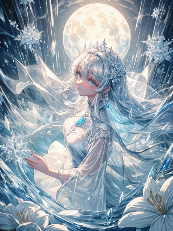 scenecy, Paradise in Heaven, White lighting,(masutepiece), (Best Quality), (cinematic), 8K, (art  stations), Li Yue painting style.(A woman with long white hair and Silvery eyes), (流れるようなwhite sheer dress)、(Beautiful delicate face)、[ Particle Lou Full Moon] [Frozen trees々] [landscape crystal] [Lighting] [Ethereal Atmosphere]:1.1] [Fantasy, short story] [soft Lighting] [+cinematic shot]:1.2 [+art  stations] [+luminous white background] [+soft Lighting] [soft glow] [Creative and dynamic angles]:1.3, [+Crystal Toning] 、masutepiece, ighly detailed, Ultra-detailed, 独奏, (pale skin), Silvery eyes, Frosty white hair, (snowy background), (snowflake rosen flower:1.0), crystal crown, (shining crystal), (((white sheer dress))), (Snowy ground), (Icy breath), (White lashes), Beautiful woman in a delicate wedding dress standing in a room with flowers, Female sexy、luxurious wedding, very magical and dreamy, dreamy and detailed, ethereal fairy tale, The setting of a fairy tale:,Luxury Sheer Sheer Dress, dreamy diamond、Sheer dress with lots of crystals, fantasy sheer dress, A magical dress with a transparent chest, crystal see-through dress, Feminine atmosphere and drama in a transparent dress with sparkling flowers, Gorgeous setting, Mysterious atmosphere mastutepiece, The most beautiful scenes, An majestic、(((full of white flowers)))、quiet and serene atmosphere、A charming, Sheer,The nipple is visible、large exy-S 100,Sheer dress with lots of crystals, fantasy sheer dress, Transparent chest dress, See-through dress studded with crystals, Woman in a transparent dress with sparkling white flowers, intricate fantasy sheer dress, transparent rainbow color, Detailed translucent costume design, transparent dress, a stunning young ethereal figure, Bejeweled Opal Statue, fantasy transparent costume,pure white and dazzling、all white tones,Inside the crystal library,Transparent flowers and falling snow，Many white roses are planted,(flowingwater,falls,water bloom),The decoration is also carefully done.,Dreamy（ighly detailedです，Creative Design，crisp and precise lines，k hd，best qualtiy，tmasterpiece，超hight resolution，4K）、huge tit、Underwear models、Diverse poses、((beautiful white flower hair ornament))、beautiful hairl型、Full body view、sexymodel、Overhead view, look from above、(Best Quality, 4K, 8K, hight resolution, masutepiece:1.2), Ultra-detailed, Detailed expression, Graceful posture, dreamy ambiance, expressive brush strokes, mystic atmosphere, artistic interpretation,beautiful hairl，Delicate floral jewelry， Amazing little fresh style Sheer dress、 Subtle colors and tones,