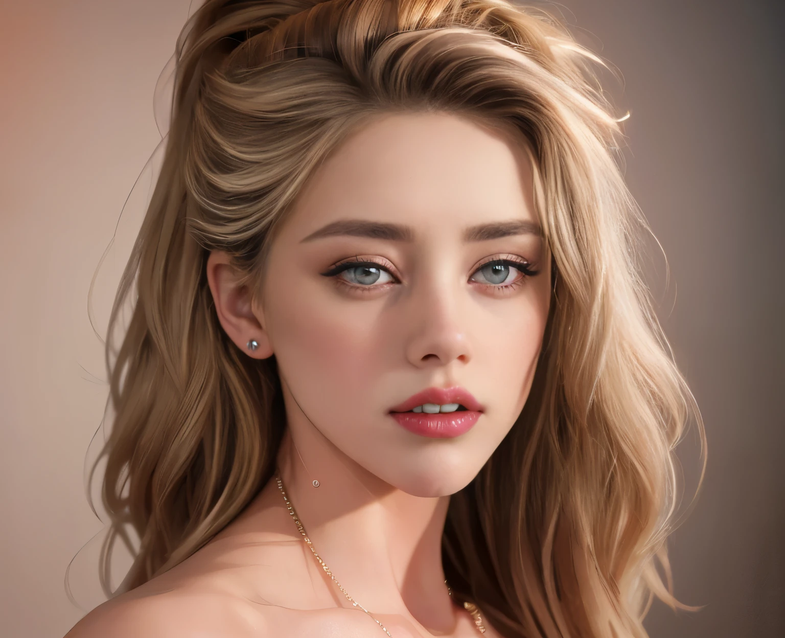 fashion model 25 years old, Amber Heard,  [[[[chest]]]],  [[[[shoulders]]]], perfect eyes, perfect iris, perfect lips, perfect teeth, perfect skin, soft front light, glow, HDR, (muted colors:1.2), (nsfw:1.5), highly detailed , ultra realistic , 8k , masterpiece , amber heard , cinematic ,