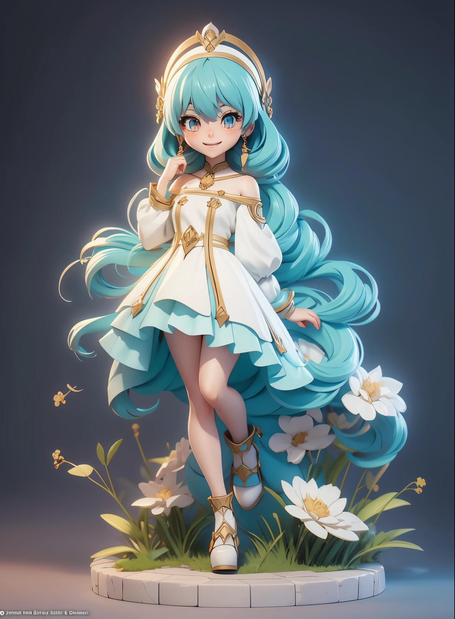 Anime character with long hair and white dress, cyan eyes, 2. 5 d cgi anime fantasy artwork, Official Character Art, cushart krenz key art feminine, shadowverse character concept, 3 d render official art, anime goddess, jrpg character art, render of a cute 3d anime girl,A sly smile