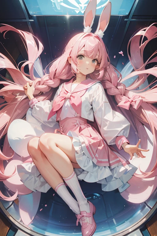 Dreamy shiny pink braids，Long white rabbit ears，Pink sailor suit，White  socks，White loose antique clothing，The eyes are pink，It's a cute girl