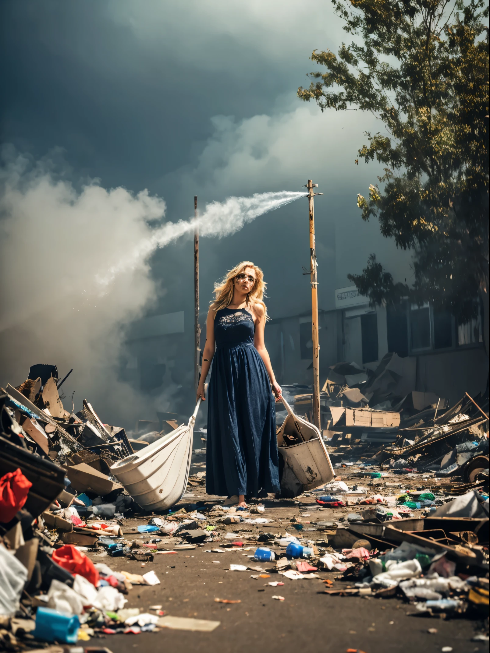 beautiful girl standing,wear white short dress,(best quality,4k,8k,highres,masterpiece:1.2),ultra-detailed,realistic(1.37)
girl, intense gaze, dirty blonde hair, piercing blue eyes, rosy cheeks, freckles, vibrant pink lips
garbage dump, piles of waste, discarded junk, plastic bottles, broken appliances, scattered papers
grimy surroundings, dust particles floating in the air
overcast sky, dark clouds, smoky atmosphere, gloomy mood
street graffiti, vibrant colors, spray paint, artistic expressions
abandoned tires, rusted metal, decaying wooden planks, broken glass
harsh lighting, shadows cast by the garbage, dramatic contrast
desolation, poverty, social issues, environmental degradation