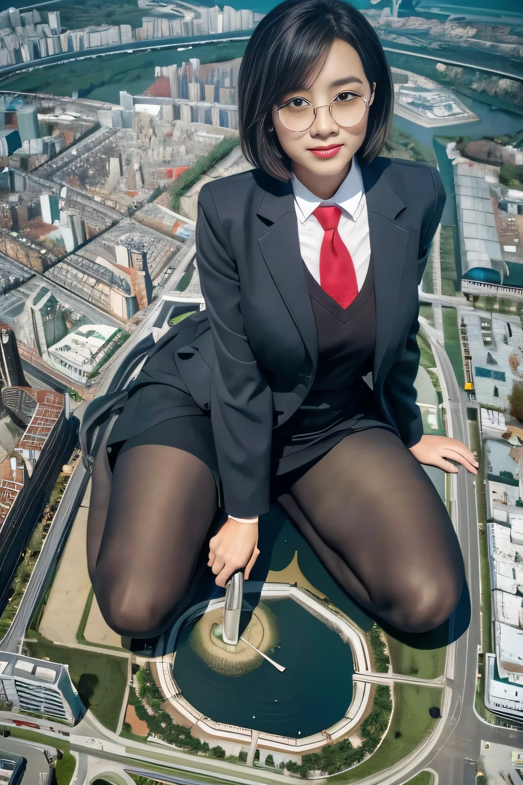 giantess art, a hyperrealistic schoolgirl, 非常に詳細なthe giantショット, the giant, Shorthair, Black pantyhose, gigantic 、&#39;tome&#39;It&#39;s much bigger than a skyscraper, Wearing rimless glasses, Colossal , Navy blue blazer, Red tie, Mini Length Skirt, Black pantyhose, I'm not wearing shoes., very small metropolis, miniature metropolis, A miniature metropolis that is only up to your feet.、squatting and urinating, The city is a sea of urine, tsunami of urine, Small trains and cars washed away with urine., Full body depiction, nffsw, giga giants, Black pantyhose, Pantyhose legs, Pantyhose legs, ,Stomping City,crash city,Small town,micro city, Peeing,
