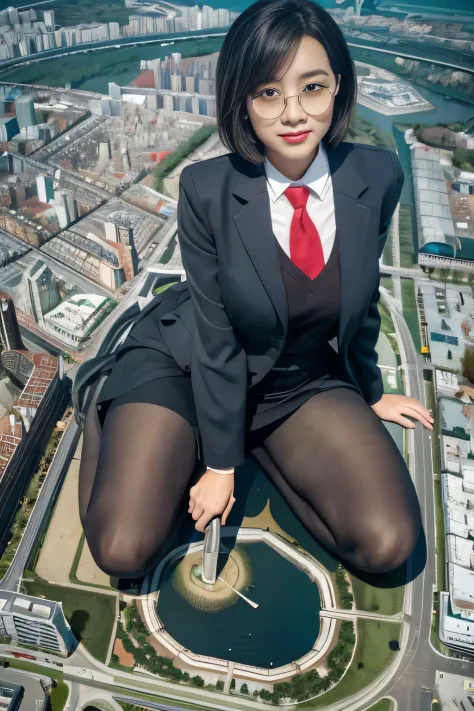 giantess art, a hyperrealistic schoolgirl, 非常に詳細なder rieseショット, der riese, Shorthair, Black pantyhose, gigantic schoolgirl、&#39;tome&#39;It&#39;s much bigger than a skyscraper, Wearing rimless glasses, Colossal tits, Navy blue blazer, Red tie, Mini Length ...