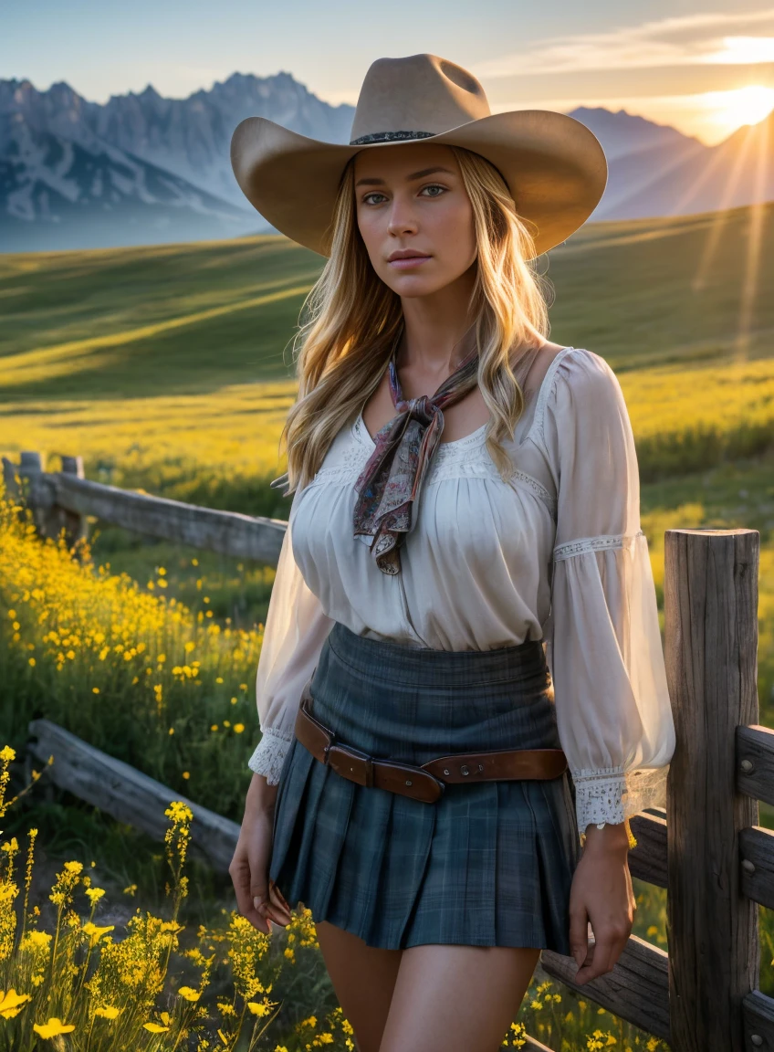 Close-up shot, a western scene, a solo beautiful blonde woman standing next to a split rail fence in a flower-filled meadow in the Sawtooth Mountains in Idaho as the sun sets; wearing a short, rough material skirt, bandana top, large breasts, no hat, nipples covered, 4k extremely photorealistic, uhd 4k highly detailed, ((ethereal lighting, ultra-high res.photorealistic:.1.4, (high detailed skin:1.2), 8k uhd, dslr, high quality, film grain, Fujifilm XT3,(masterpiece) (best quality) (detailed) (cinematic lighting) (sharp focus) (intricate)