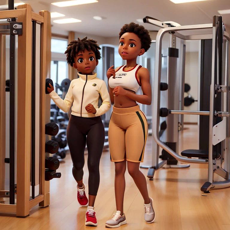 una imagen completa de una hermosa niña africana vistiendo ropa deportiva beige y una gorra beige en el gimnasio