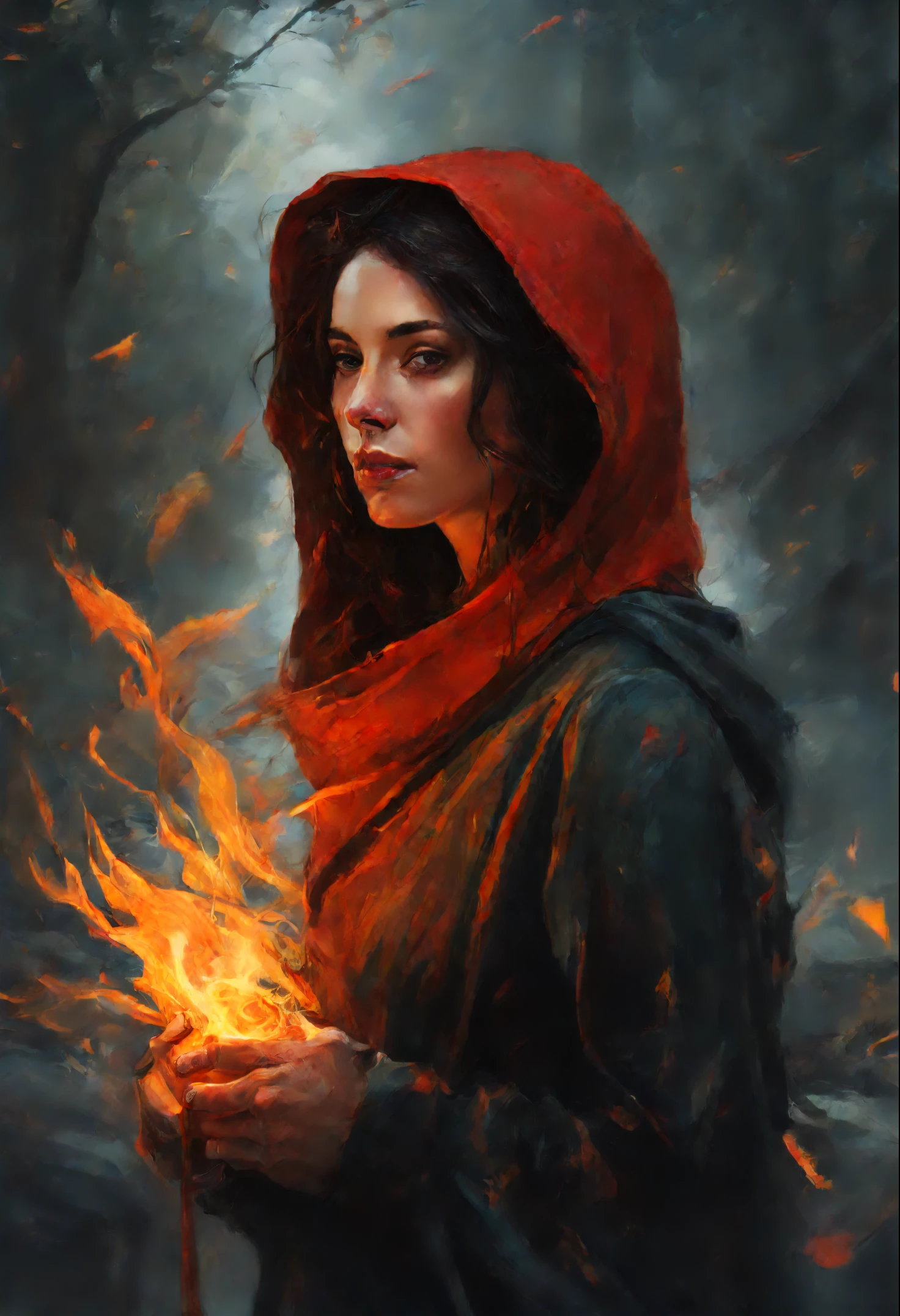 A painting of a woman in a red hood holding a fire - SeaArt AI