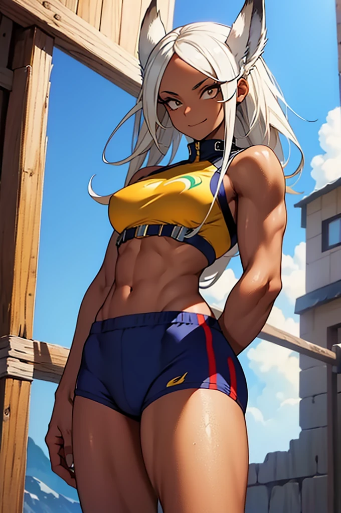 beautiful brunette woman, calm, boku no hero academia, bunny ears, ((dark skinned female)), ((darkskin)), Eyes red, sleeveless, whitegloves, highleg leotard, (white  hair, long  hair), breasts big, fur collar, purple thigh highs, white knit, natta, Looking at Viewer, ssmile, House, bed-in, brawny, Muscle, tummy