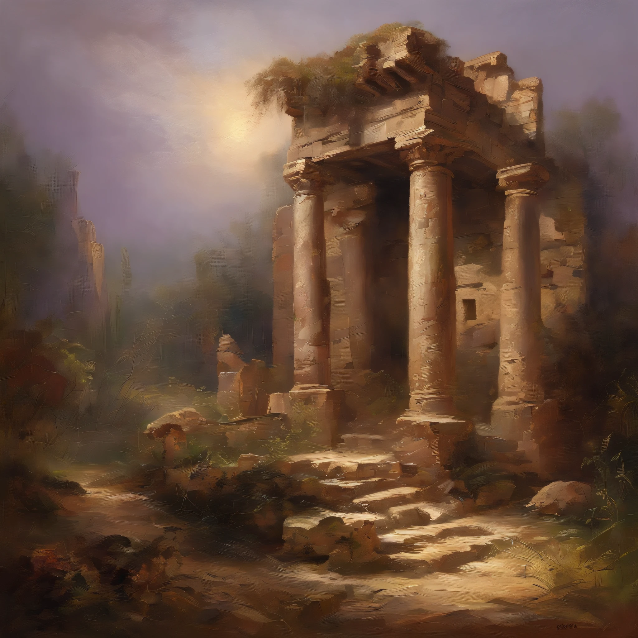 Mysterious ancient ruins，oil painted，Detailed and weathered ruins，Purple sky，safe，intricately carved、Impressive architectural structure，The ruins are covered with lush vegetation，Best quality，ultra - detailed，professional，rich palette，deep shading，Highlights are vibrant，Dramatic lighting with highlights and shadows、indirect ambient lighting、Earthy and metallic tones。