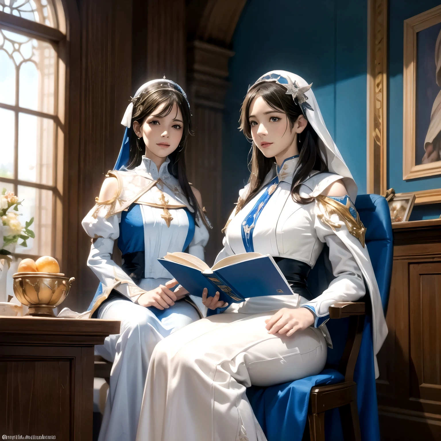 A beautiful ultra-thin Realistic portrait of the Virgin Mary, White costume with blue details, ((Divinity)), Full body, biblical, Realistic, Intricate details, by Abbott Fuller Graves, Bartolomé Esteban Murillo, JC Leyendecker, Craig Mullins, Peter Paul Rubens, (Caravaggio), Trending in art stations, 8K, Concept art, Fantasy Art, PhotoRealistic, Realistic, Illustration, Oil Painting, surrealism, HyperRealistic, Brush Brush, Digital Art, Style, aquarelle