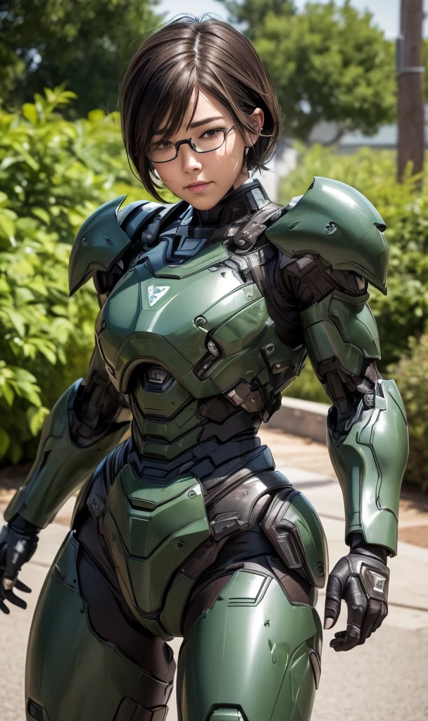 peau texturée, Super détail, détails élevés, Haute qualité, Meilleure qualité, haute résolution, 1080P, disque dur, Beau,(machine de guerre),belle femme cyborg,Fille Cyborg Mecha Vert Foncé,se battre,Fille avec un corps Mecha,、Filles du collège　Poil très court、Yeux marron moites、Visage en sueur、expression gênée　rougir　mignon petit　Un brun　((Vapeur de la tête)) lunettes　accroupir　Écarte ton entrejambe　Ouverture de jambe M　(la timidité)