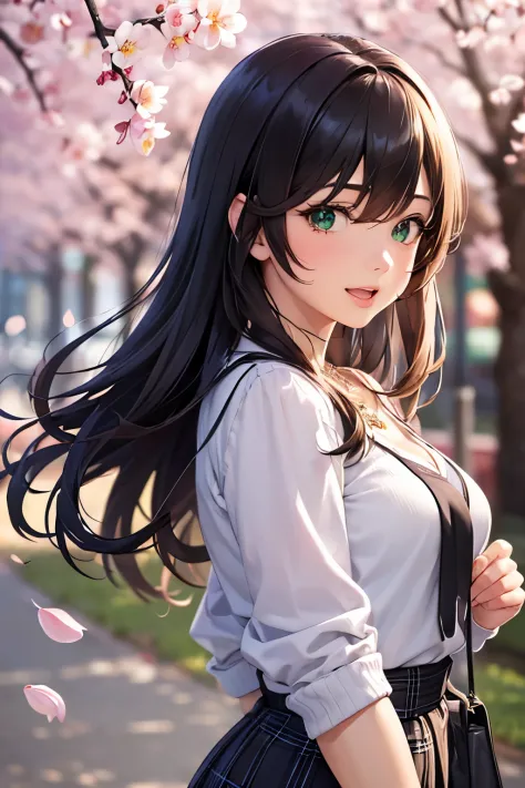 ((masutepiece, Best Quality, hight resolution, nffsw, Perfect Pixel, depth of fields, 4K, nffsw, nffsw))), 1girl in, Single, Solo, Beautiful anime girl, Beautiful Art Style, Anime Character, ((Long hair, Bangs, Brown hair)), ((Green eyes:1.4, rounded eyes,...