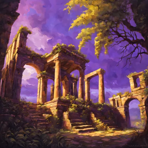 Mysterious ancient ruins，oil painted，Detailed and weathered ruins，Purple sky，safe，intricately carved、Impressive architectural st...