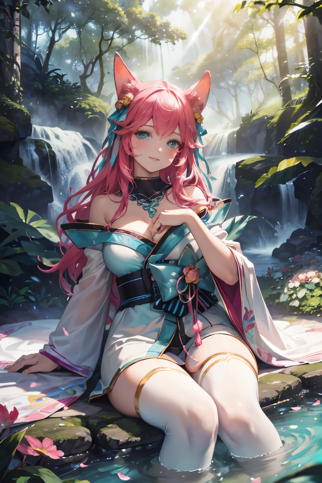 (best quality,4k,8k,highres,masterpiece:1.2),ultra-detailed,(realistic,photorealistic,photo-realistic:1.37),Ahri laying down,smiling,in a forest,surrounded by beautiful plants,majestic,spirit blossom,portraits,vivid colors,lush greenery,bright sunlight,soft shadows,gentle breeze,sparkling dewdrops,ethereal atmosphere,colorful flowers and leaves,magical aura,floating petals,light rays penetrating through the treetops,peaceful and serene ambiance