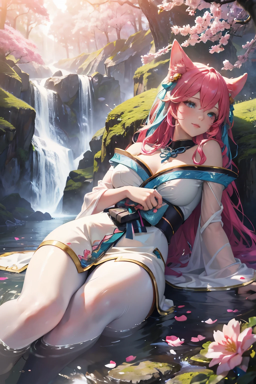 (best quality,4k,8k,highres,masterpiece:1.2),ultra-detailed,(realistic,photorealistic,photo-realistic:1.37),Ahri laying down,smiling,in a forest,surrounded by beautiful plants,majestic,spirit blossom,portraits,vivid colors,lush greenery,bright sunlight,soft shadows,gentle breeze,sparkling dewdrops,ethereal atmosphere,colorful flowers and leaves,magical aura,floating petals,light rays penetrating through the treetops,peaceful and serene ambiance