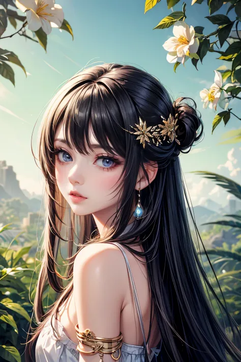 (best quality,8K,CG),detailed upper body,solitary girl,floral forest background,complex facial features,elegant long curly hair,...
