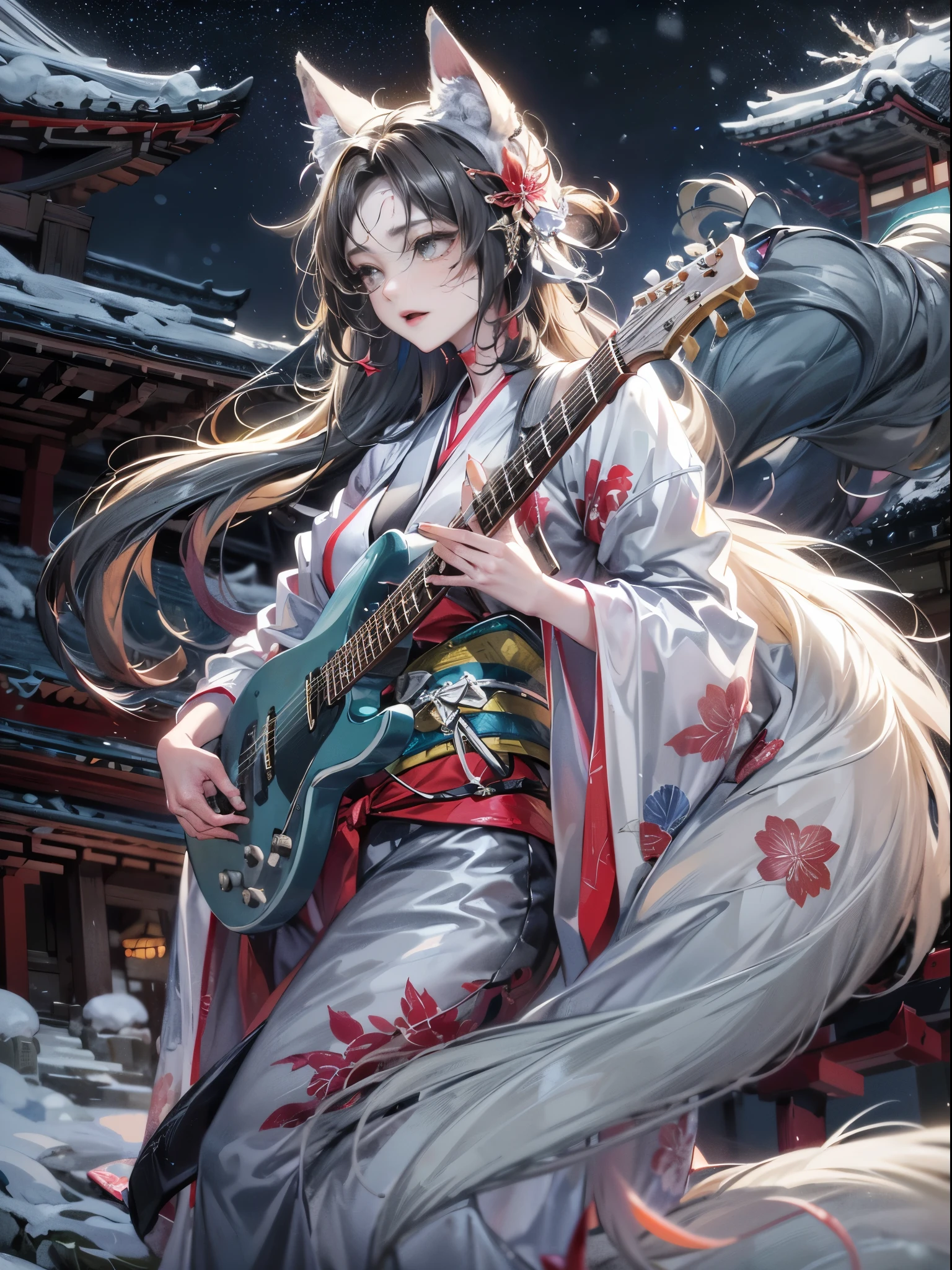 Cinematic lighting,super detailed skin、Beautiful quality with attention to detail,Perfect Anatomy,(Alternative、dim colors, Soothing tones:1.3),(Detailed beautiful facial features:1.3)A nine-tailed fox girl wearing a glamorous and flashy white kimono.、 （Girl Playing Guitar、Highly detailed hands:1.2）The grounds overlooking Kiyomizu-dera Falls in the snowy winter、Play the guitar（Highly detailed feet:1.3）thaw season、Dynamism（deep in the night、moon shining、beautiful night:1.5）White fox、fullllbody