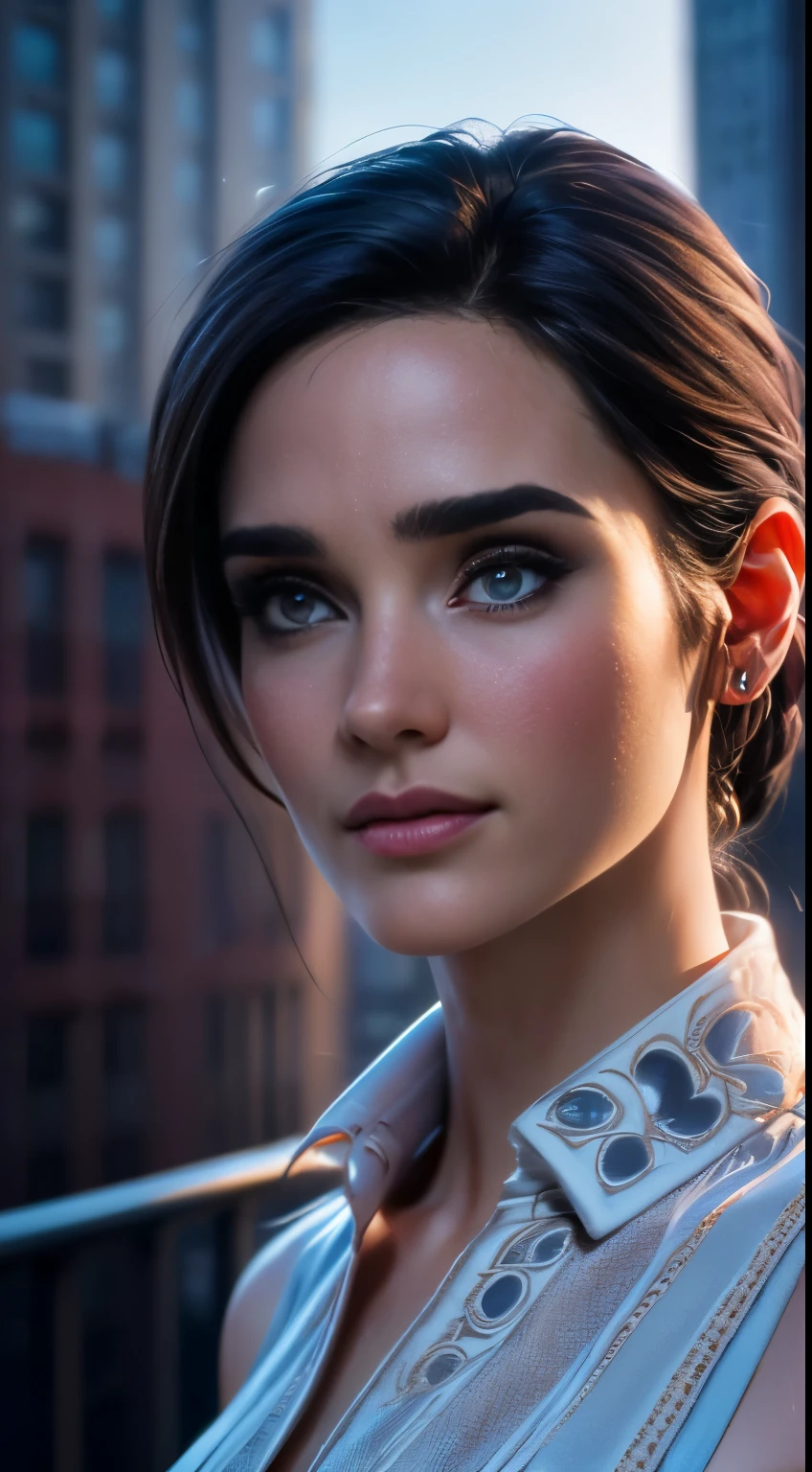 photo of Jennifer Connelly, RAW, beautiful woman, ((portrait)), ((detailed face:1.2)), ((detailed facial feature, detailed skin, clear skin), (perfect proportioned body), (wearing a colorful dress) (high detailed city environment, apartment balcony), (realistic photo, best quality, detailed), (8k wallpaper), (cinematic lighting, dramatic lighting) (sharp focus, intricate)