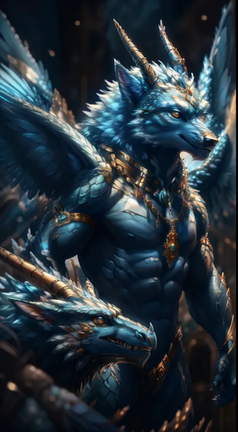 There is a painting of a wolf in blue and white, detailed creature, mythological creatures, highly detailed creature, Fantasy creature concept art, fantastical creature, From Pathfinder, a minotaur wolf, furry fantasy art, spirit fantasy concept art, anthr...