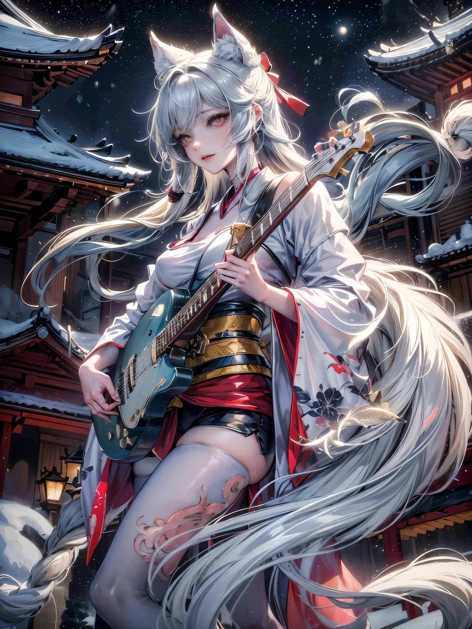 Cinematic lighting,super detailed skin、Beautiful quality with attention to detail,Perfect Anatomy,(Alternative、dim colors, Soothing tones:1.3),(Detailed beautiful facial features、Red eyes:1.3)Nine-tailed fox girl wearing a gorgeous and flashy white kimono.、 sly way of laughing（Girl Playing Guitar、Highly detailed hands:1.2）snowy winter、The grounds overlooking the waterfall of Kiyomizu-dera Temple、Play the guitar（Highly detailed feet:1.3）、snow flying up from the ground、effect、thaw season、Dynamism（deep in the night、moon shining、beautiful night:1.5）White fox、fullllbody