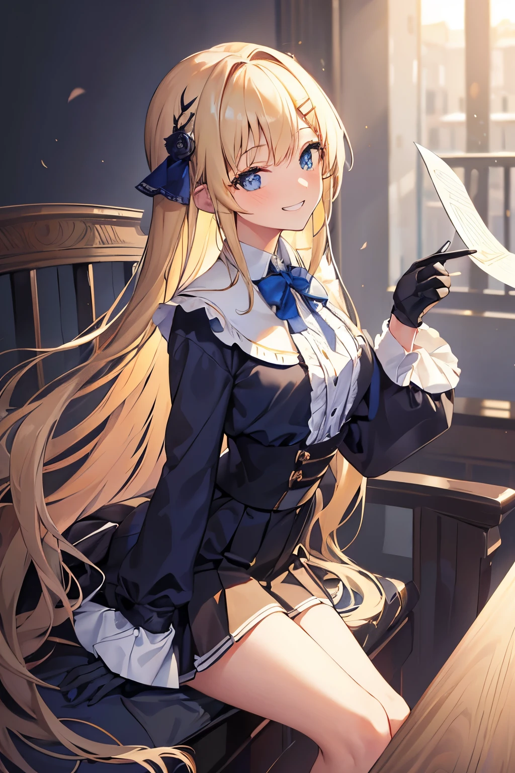 {{{{{{2d}}}}}},painting,{masterpiece},  hyper detailed,soft,focus face,detailed scenery,detailed light,Delicate facial features, blue archive, 1girl, bangs, black_gloves, blonde_hair, from_side, gloves, gradient, gradient_background, grin, hair_ornament, hairclip, long_hair, long_sleeves, looking_at_viewer, pleated_skirt, shirt, skirt, smile, solo, v