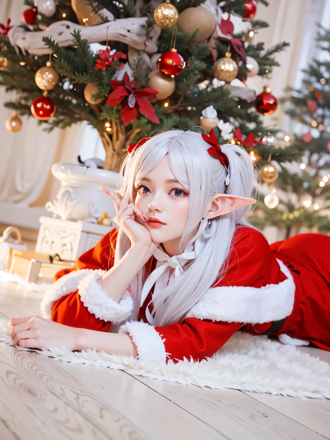 A woman in a Santa costume is lying on the floor, Elf Girl,  Elf Girl, Anime girl , v from devil may cry as 11 o'clock, Anime , Lori, 11 o'clock,  Photo, elf-ears, , a portrait of 11 o'clock, sakimichan, sakimichan, from lineage 2, elfin beauty