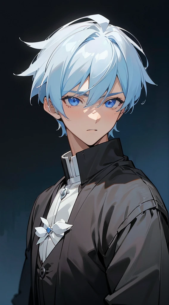 (chef-d&#39;œuvre: 1.2, Meilleure qualité), (1garçon, seulement, Haut du corps: 1.2),,un gros plan d’une personne avec une chemise noire et un fond bleu, grand gars d&#39;anime aux yeux bleus, portrait animé d&#39;un bel homme, style artistique manga, Style d&#39;anime masculin, beau mec dans l&#39;art du tueur de démons, , anime style portrait, anime bel homme, jeune homme animé