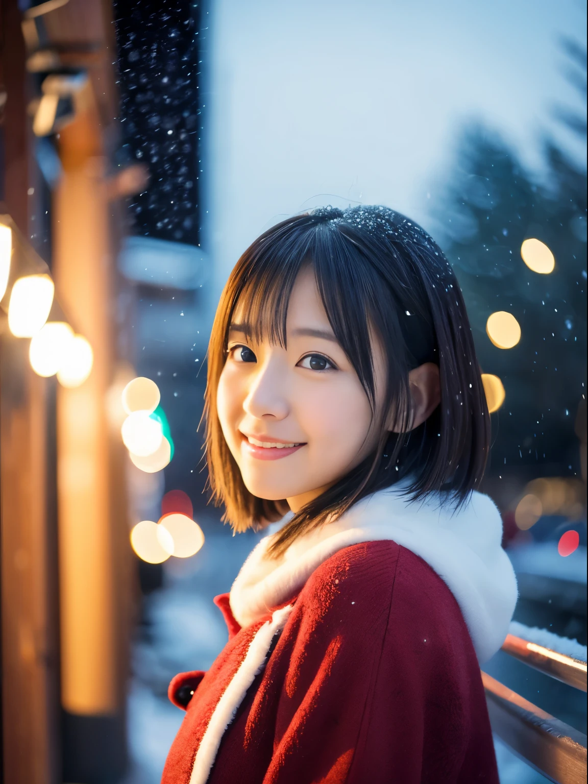 top-quality、​masterpiece、超A high resolution、Raw photography、(Photorealsitic:1.4)、1 girl、While watching the snow falling quietly. Christmas Cityscape、Smile in Santa costume、Her introspective and tearful expression、Makes you feel longing for winter nights and melancholy。。。。。。。。。、top-quality、hyper HD、Yoshitomo Nara, Japanese Models, Beautiful Japan wife, With short hair, 27yo female model, 4 K ], 4K], 27yo, sakimichan, sakimichan