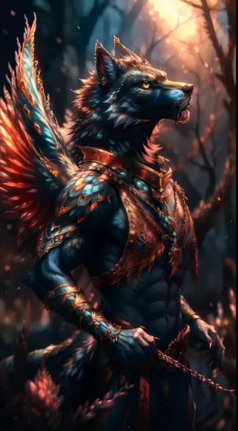 there is a drawing of a wolf with blood on it, dark fantasy style art, epic fantasy art style, by Yang J, badass anime 8 k, epic fantasy digital art style, black lion with peacock wings, epic fantasy style art, epic fantasy art style hd, 4k fantasy art, il...