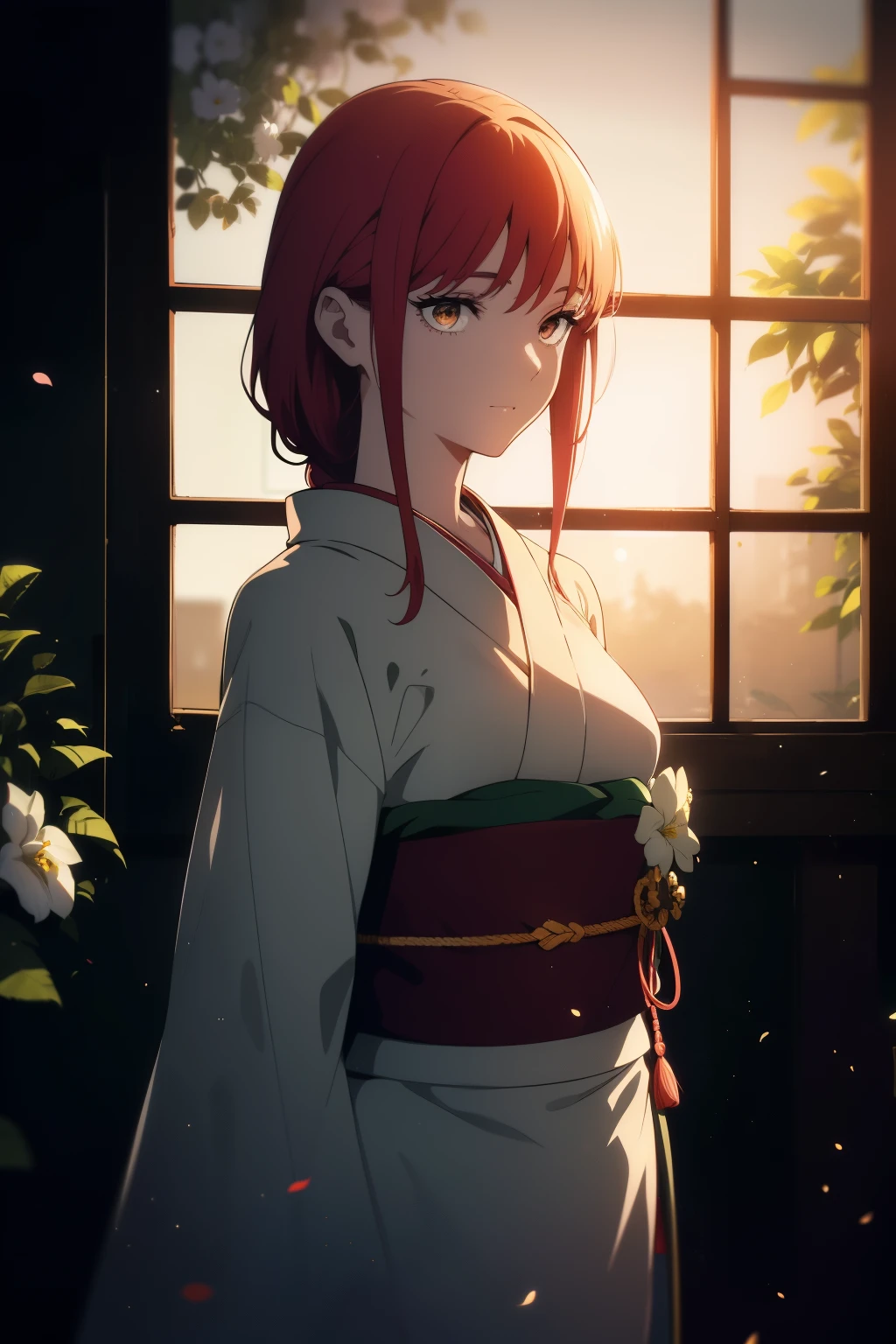 ((((Obra maestra, La mejor calidad, ultrahigh resolution)))), 1girl, standing, ((wearing a red kimono)), long hair cut, pale skin, ((brown eyes)), (glowing_eyes, luminescent eyes), (ultra detailed eyes:0.7, beautiful and detailed face, detailed eyes:0.9), ((centered)), smile, ((wide shot)), facing viewer, (((vibrant background of outside, flowers, bright lighting, summer, sunlight))), flat chested, looking at viewer, ((perfect hands)), ((head:1, hips, elbows, arms, in view)), ((hands behind back)), beautiful lighting, defined subject, (13 years old), ((cool looking)), ((slight breeze in hair, vintage sun glare))