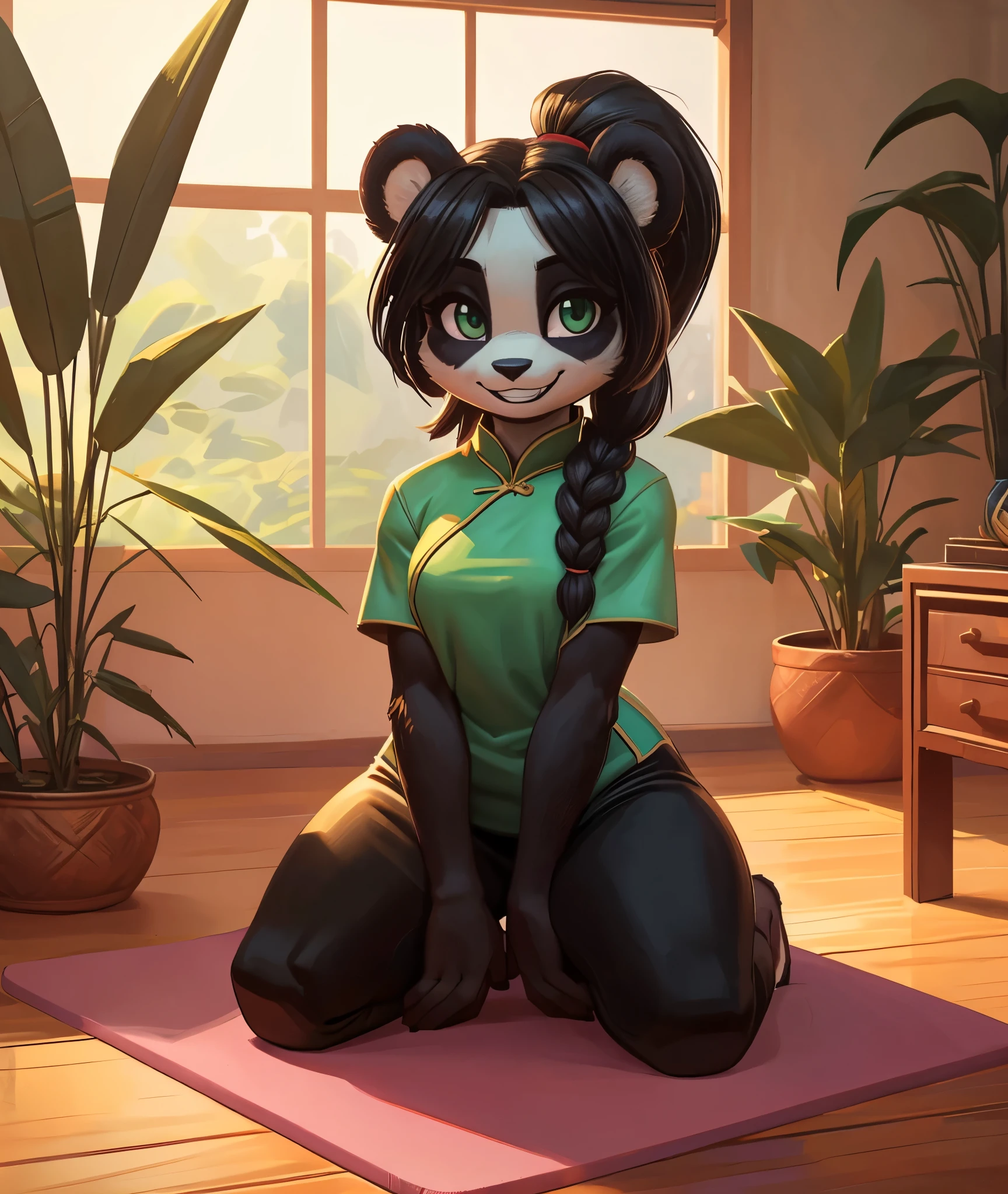 [Yaya Panda], [carregado para e621.líquido; (Pixelsketcher), (wamudraws)], ((obra de arte)), ((alta definição)), ((retrato solo)), ((corpo todo)), ((vista frontal)), ((pés visíveis)), ((Peludo; antropo)), ((pele detalhada)), ((Sombreamento detalhado)), ((bela arte de renderização)), ((detalhes intrincados)), {antropo panda; (pelo preto), (Pelo branco), nariz preto, (lindos olhos verdes), (cílios curtos), Cabelo preto, rabo de cavalo trançado, (quadris curvilíneos), (Lindas pernas), (lindas patas), (rubor), (sorriso fofo)}, {(Roupas chinesas), (camisa verde), (calças de ioga vermelhas)}, {(no tapete de ioga), (ajoelhado), (Olhando para o visualizador)}, [fundo; (floresta de bambu), (sala de estar), (janela), (céu azul), (nublado)]