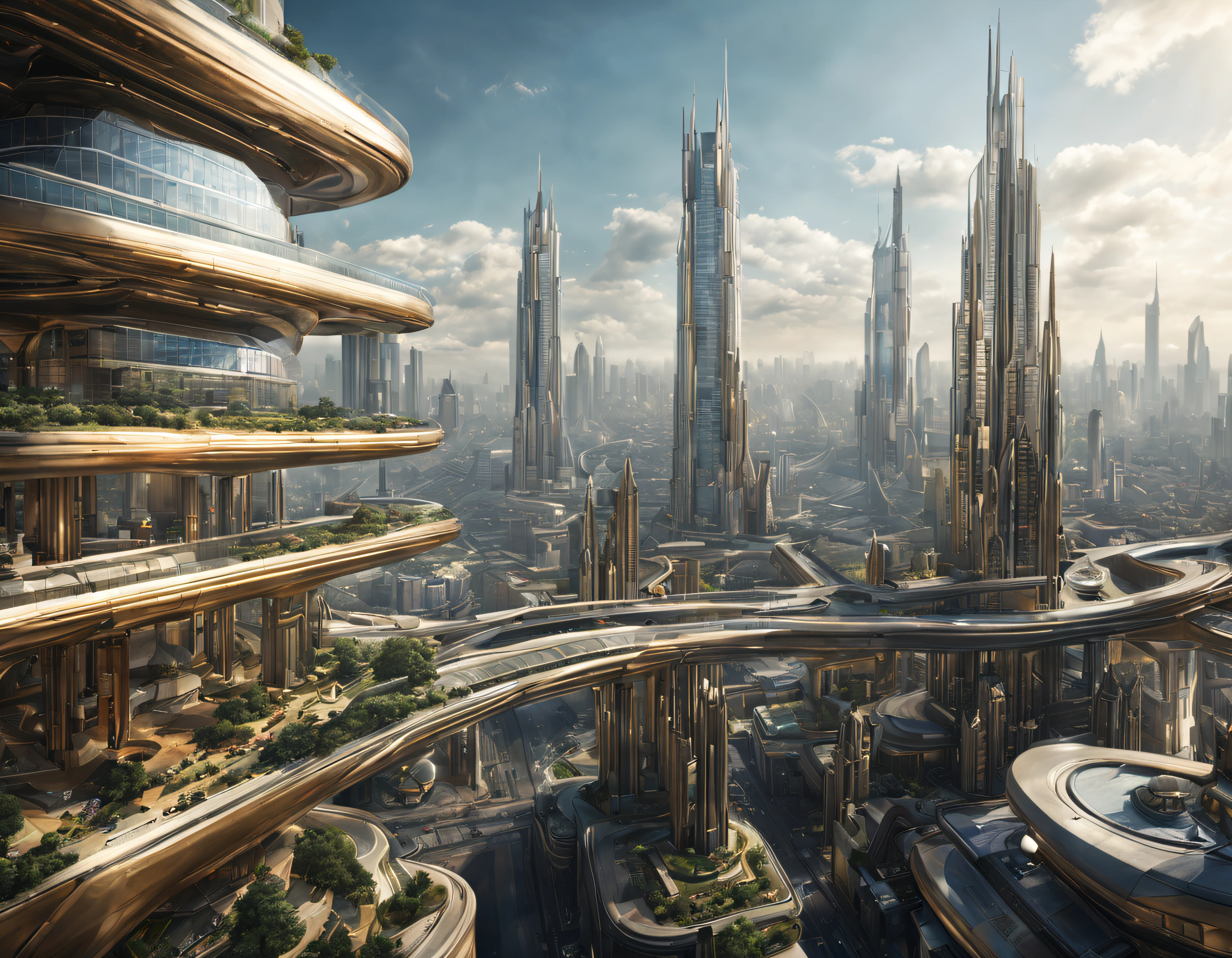 the city of megacity futuristic science fiction city as it would be in the year 3029, vista desde una terraza , with high-tech design , edificios de metal y cristal, autopistas cruzandolos, de una inmensidad impresionante, con el empleo de oro , plata y bronce en su construccion, realmente impresionante a la vista, imagen bien definida, fondo nitido bien defifido, con muchos edificios juntos. imagen nitida bien definida 8k. los edificios llegan alta el fondo.,8k. imagen cinematografica, renderizado 3d, ((obra maestra de superior calidad)).