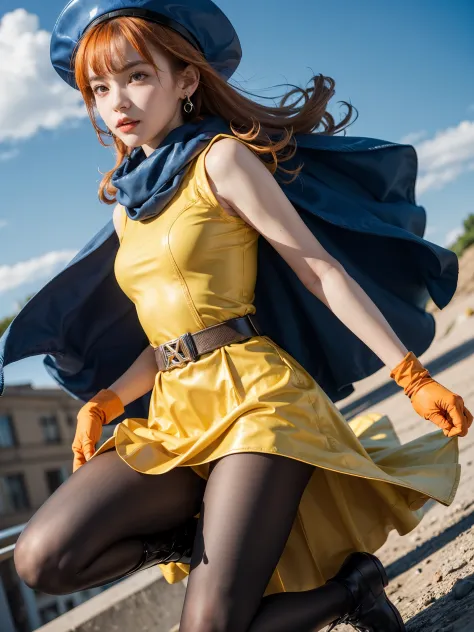 1girl in,Solo,DQ4-Arena,Black pantyhose,blue cape,blue headwear,long boots,Curly hair,earrings,Long hair,orange gloves,Orange hair,Red Eyes,Sleeveless,Yellow dress,Yellow skirt,Dynamic Pose,Small breasts,(shiny,shiny dress:1.1)Jumping,V-shaped eyebrows,wea...
