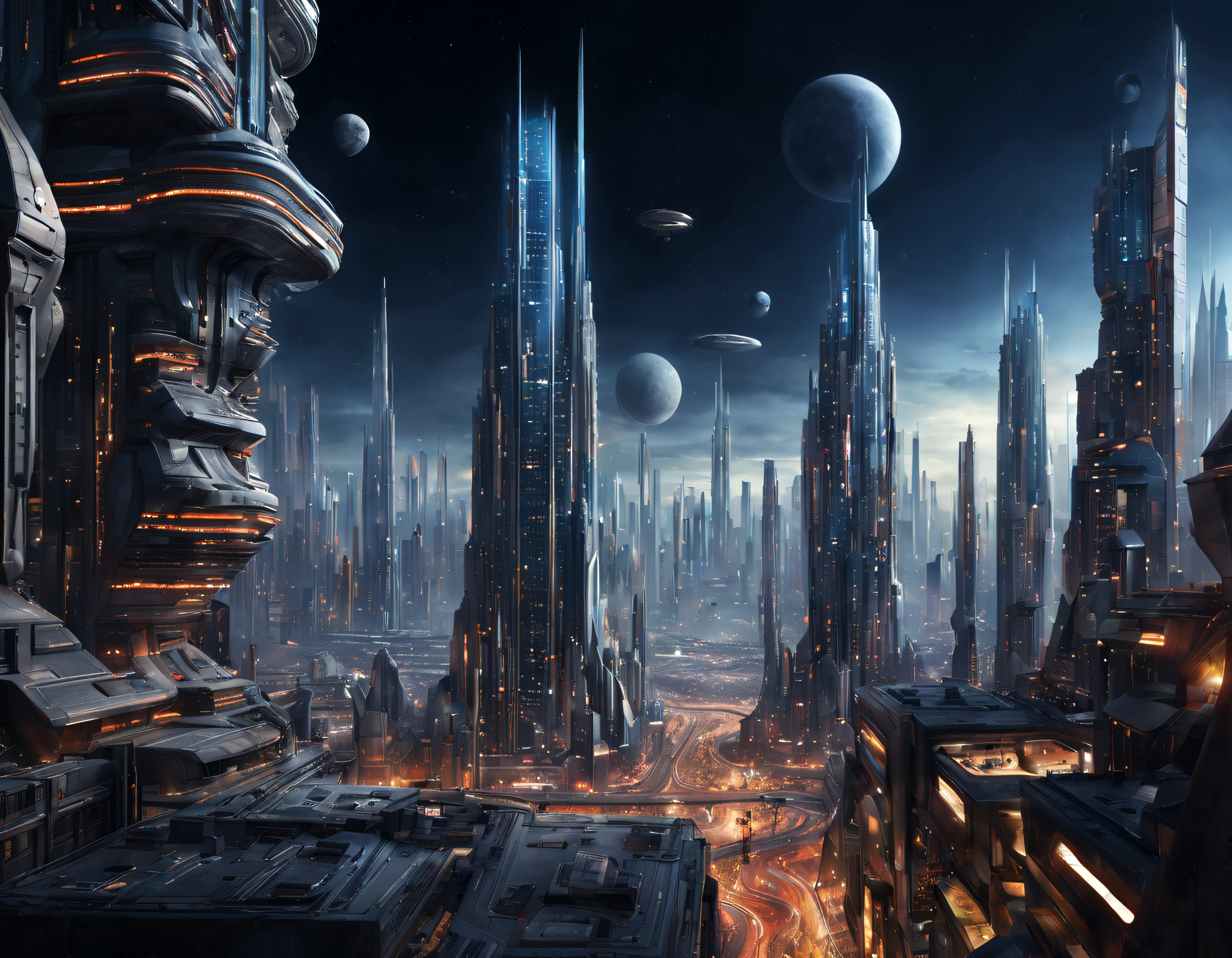 (The city of Coruscant from Star Wars as designed by Doug Chiang), futuristic fantasy city with immense buildings of technological design (que forman una avenida infinita), edificios compactor no difuminados con aspecto metalico, luces en ventanas en edificios, iluminacion diurna con sol, con estructuras acristaladas espectaculares, (con colores vivos). pavimento ensolado (sin brillo). gente paseando. imagen bien definida con muchos edificios juntos. imagen nitida bien definida 8k. los edificios llegan alta el fondo.,8k. imagen cinematografica. ((obra maestra de superior calidad)). (renderizado 3D).