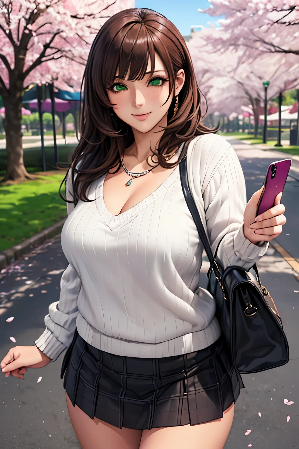 ((masutepiece, Best Quality, hight resolution, nffsw, Perfect Pixel, depth of fields, 4K, nffsw, nffsw))), 1girl in, Single, Solo, Beautiful anime girl, Beautiful Art Style, Anime Character, ((Long hair, Bangs, Brown hair)), ((Green eyes:1.4, rounded eyes, Beautiful eyelashes, Realistic eyes)), ((Detailed face, Blushing:1.2)), ((Smooth texture:0.75, Realistic texture:0.65, Photorealistic:1.1, Anime CG style)),  Dynamic Angle, Perfect body, ((POV, Selfie Pose, Portrait)), ((White sweater, Long sleeve, Black skirt, plaid skirts, Fashionable, 1 handbag, 1 diamond necklace)), Smile,  amusement park, ((The cherry tree, Cherry blossoms fall))