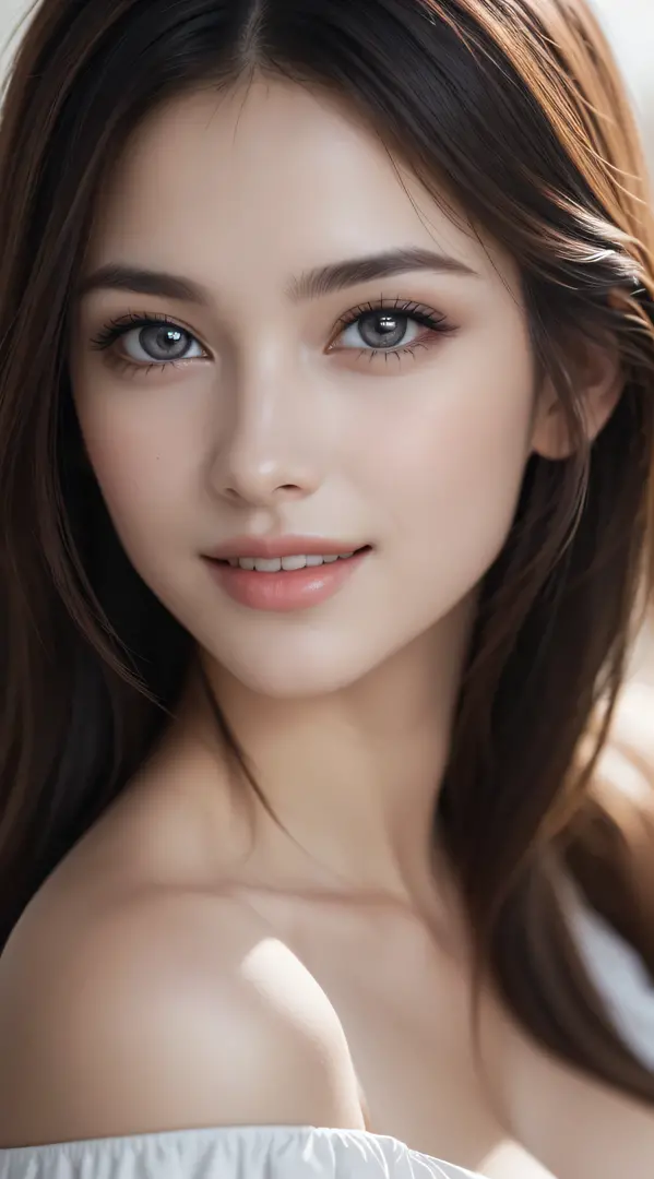 1womanl, (Ultra Realistic, hight resolution), (Highly detailed eyes, Highly detailed hair, Highly detailed face, Highly detailed plump lips), (off shoulder with open breasts), breasts, Upper body, Search Smile, (Best Quality:1.4), Raw photo, (Realistic, ph...