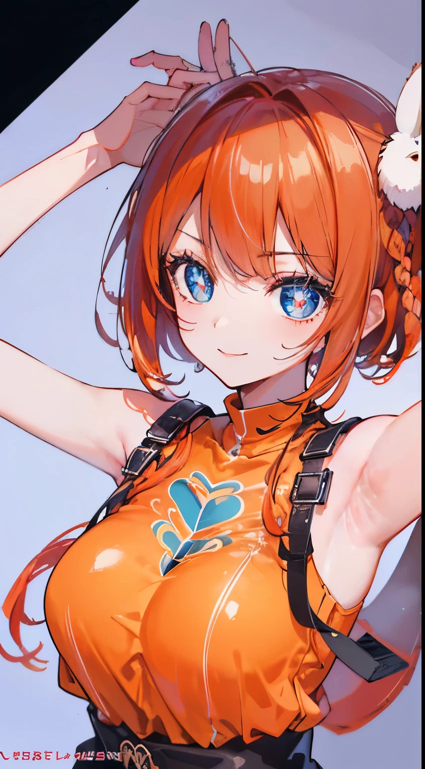 1 beautiful girl, blue big eyes,  Petite and slender、slightly large breast, ((scarlet orange hair,)),(Loose fluffy short braided hair), in 8K, of the highest quality, (Highly detailed head: 1.0), (Very detailed face: 1.0), (very detail hair: 1.0),(Obscene rubber costume)、sexy tattoo, Detailed official artwork, anime moe art style, clean detailed anime art, Cool smile