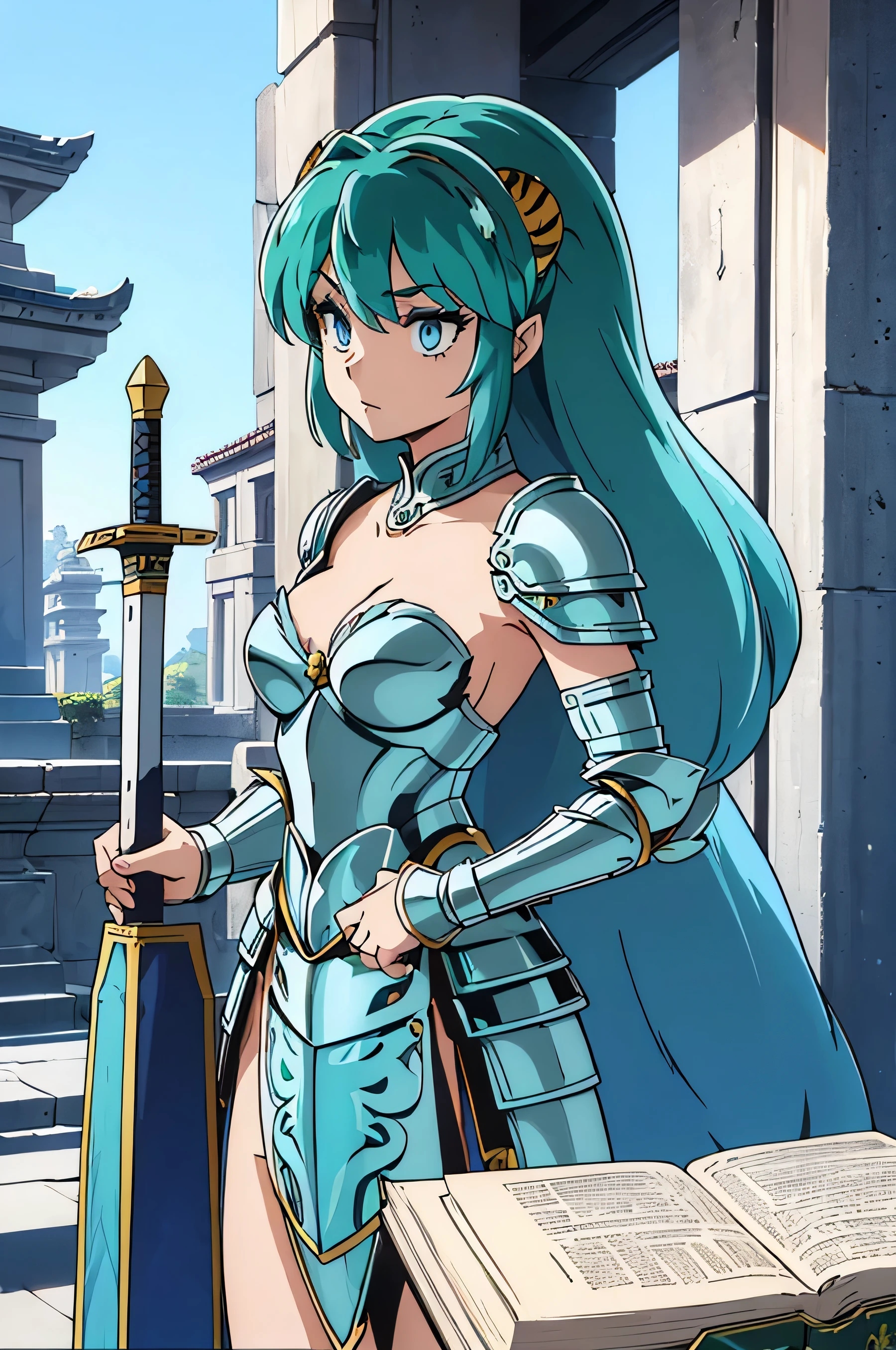 top-quality、ultra-detailliert、Blue eyes、Colossal tits、Green haired、small corner２There are books、1 female、Ram、tiger pattern armor、(((High-leg armor)))、Clothes with Cleavage View、Long straight hairstyle、has a beautiful straight sword、in the background is a ruined temple、i&#39;I&#39;m a little worried、(((Forward View)))