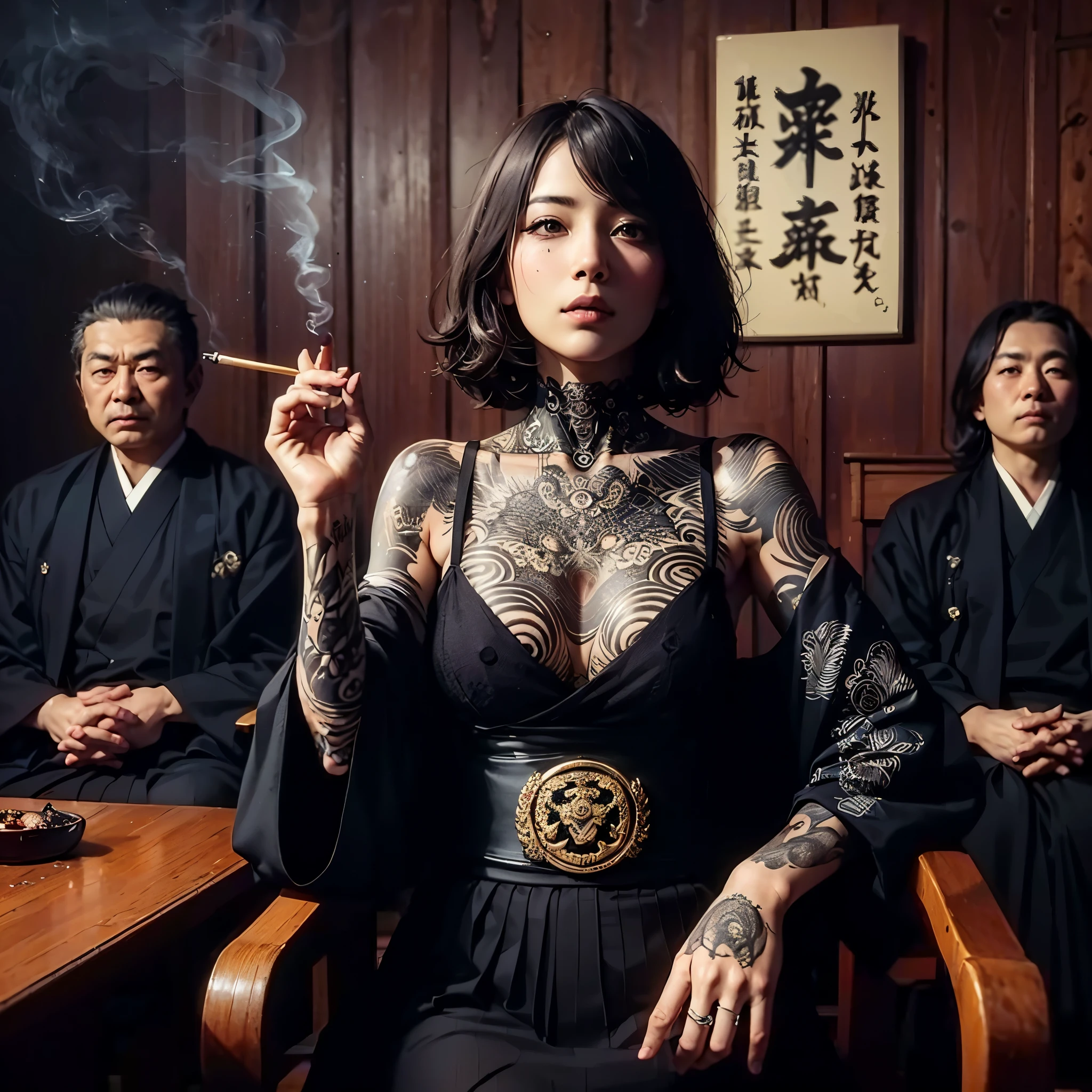 there are people sitting in a room, smoking, yakuza slim girl with gigantic breast, full body tattoo, inspired by Kanō Hōgai, japanese gothic, japanese fantasy, inspired by Kanō Takanobu, yakuza tattoo on body, chie yoshii, japanese influences, by Kanō Tan'yū, inspired by Kanō Naizen, masterpiece, best quality:1.2),,(8k,highres,RAW photo,realistic,photo-realistic:1.3),(detailed skin texture,detailed cloth texture,beautiful detailed face:1.25),professional lighting,photon mapping,beautiful soft light,radiosity,physically-based rendering,raytracing, model shoot style, model shoot style, (extremely detailed CG unity 8k wallpaper), full shot body photo of the most beautiful artwork in the world,