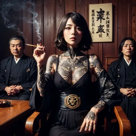 there are people sitting in a room, smoking, yakuza slim girl with gigantic breast, full body tattoo, inspired by Kanō Hōgai, ja...