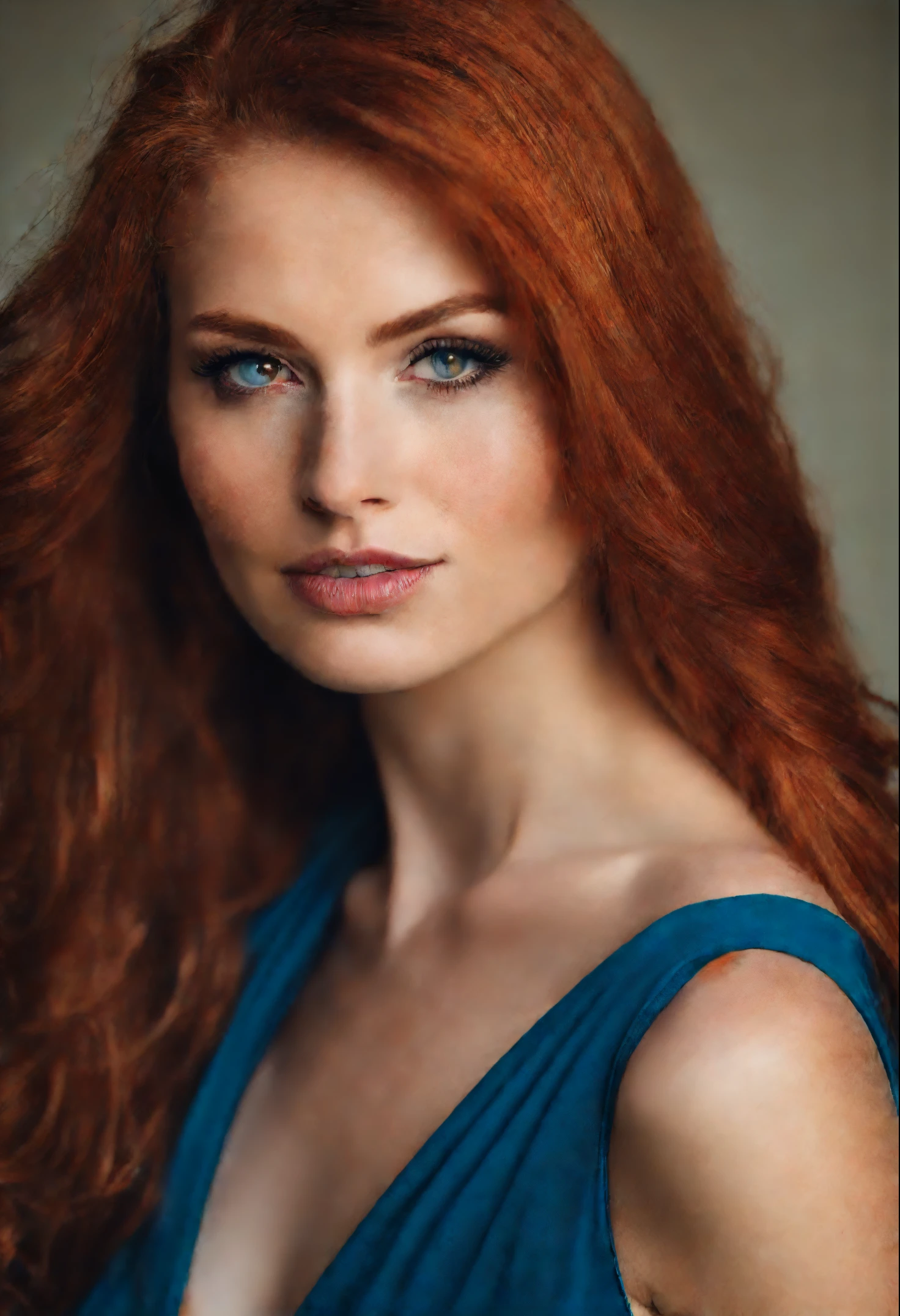 A close up of a woman with red hair wearing a blue dress - SeaArt AI