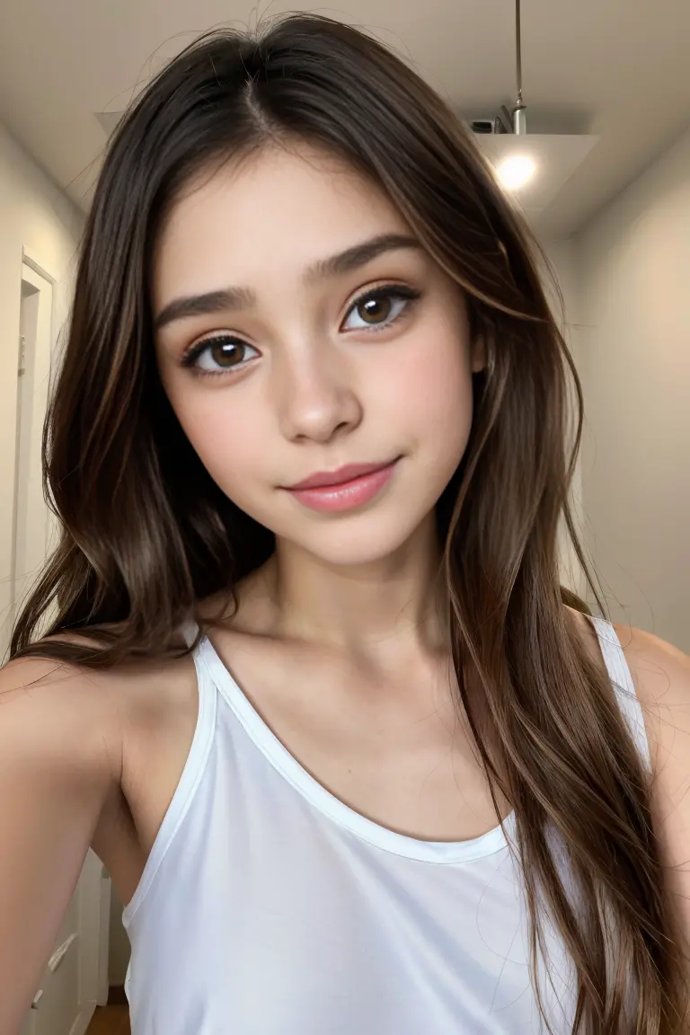 Young girl approximately 17 years old, muy hermosa,(bella, juvenil, parecido algelical) Short shoulder-length wavy hair dyed cho...