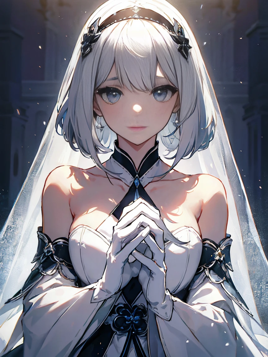 Best Quality,Ultra-detailed,White hair,gloves,Portrait,Soft lighting,DELICATE DETAILS,Realistic skin texture, Smile,Vibrant colors,Fine brushstrokes,Bright background,Ethereal Atmosphere,Impeccable makeup,Graceful pose,kind personality,sleek design,high fashion,Classic elegance,subtle pattern,Textured fabric,Dark background,Contrasty,Contrasty,Contrasty,Attention to detail,neutral color palette,dreamy ambiance,Sublime beauty,Sophisticated style,subdued lighting,Artistically composed,Graceful movement,pure and sophisticated aesthetics,Luxurious charm,symbol of sophistication,Sublime charm,Timeless elegance,A shining presence,Exquisite craftsmanship,soft and fantastic image, And mysterious,white lace veil,Majestic and attractive silhouette,intensegaze.