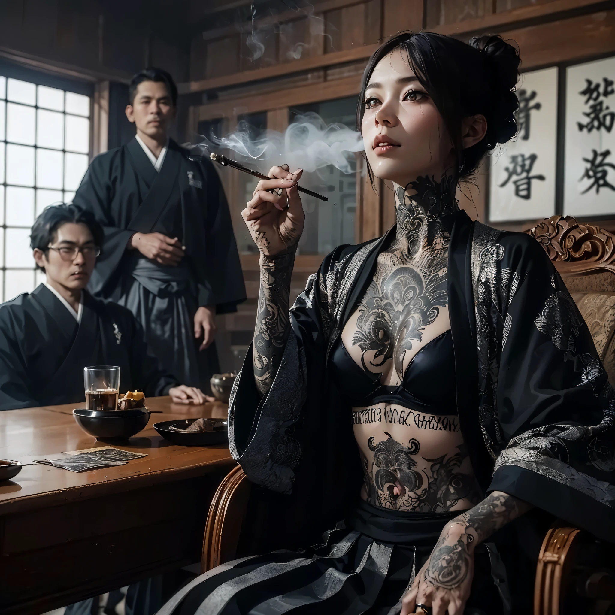 there are people sitting in a room, smoking, yakuza slim girl with gigantic breast, wear bra and kimono, full body tattoo, inspired by Kanō Hōgai, japanese gothic, japanese fantasy, inspired by Kanō Takanobu, yakuza tattoo on body, chie yoshii, japanese influences, by Kanō Tan'yū, inspired by Kanō Naizen, masterpiece, best quality:1.2),,(8k,highres,RAW photo,realistic,photo-realistic:1.3),(detailed skin texture,detailed cloth texture,beautiful detailed face:1.25),professional lighting,photon mapping,beautiful soft light,radiosity,physically-based rendering,raytracing, model shoot style, model shoot style, (extremely detailed CG unity 8k wallpaper), full shot body photo of the most beautiful artwork in the world,